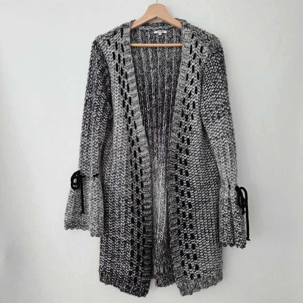 Adore Cardigan Black White Marled Bell Sleeve Ribbon Tie Womens XL